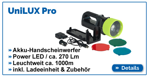 Akku Handscheinwerfer UniLux Pro mit 1000m Leuchtweite, Ladestation und Zubehör.