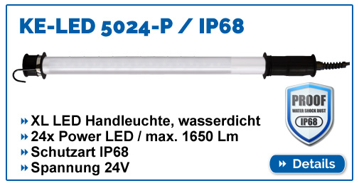 Leistungsstarke LED Handleuchte KE-LED 5024, wasserdicht (IP68), 1650 Lumen, 24V, perfekt für Tank- und Fassreinigung.